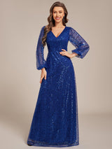 ever RAYVEN|Shimmering All Over V-Neck Long Lantern Sleeve Sequin A-Line Evening Dress