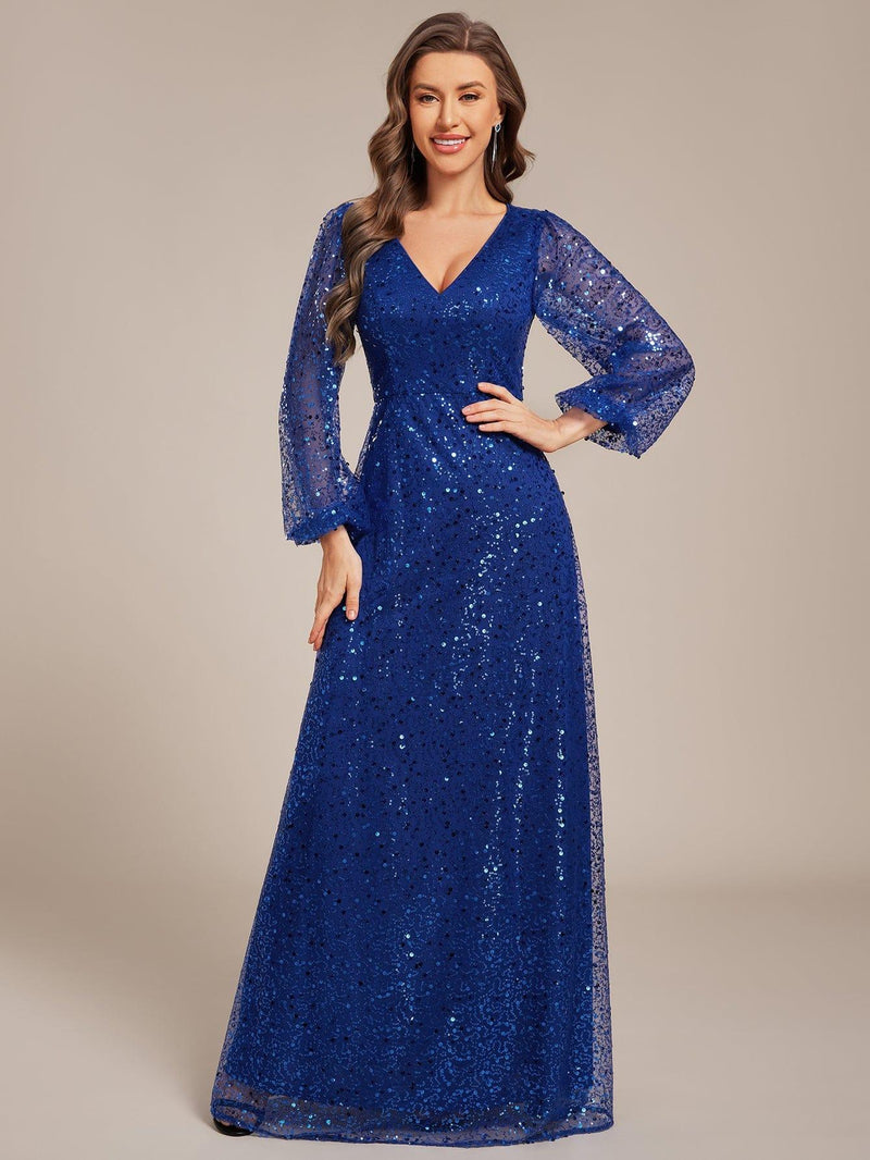 ever RAYVEN|Shimmering All Over V-Neck Long Lantern Sleeve Sequin A-Line Evening Dress