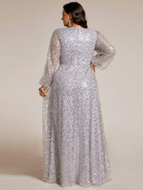 ever RAYVEN|Shimmering All Over V-Neck Long Lantern Sleeve Sequin A-Line Evening Dress