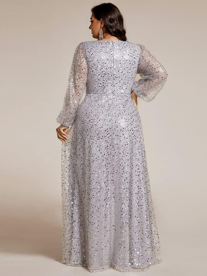 ever RAYVEN|Shimmering All Over V-Neck Long Lantern Sleeve Sequin A-Line Evening Dress