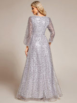 ever RAYVEN|Shimmering All Over V-Neck Long Lantern Sleeve Sequin A-Line Evening Dress