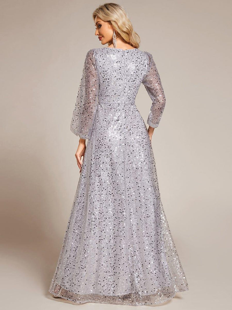 ever RAYVEN|Shimmering All Over V-Neck Long Lantern Sleeve Sequin A-Line Evening Dress