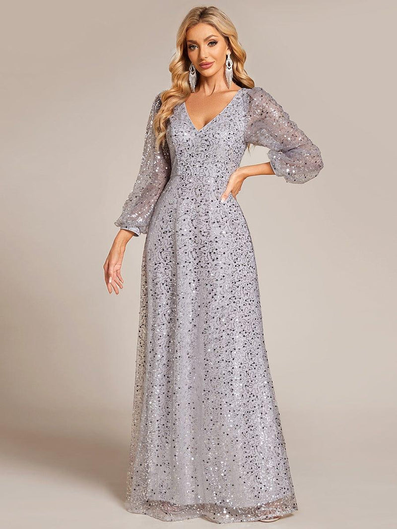 ever RAYVEN|Shimmering All Over V-Neck Long Lantern Sleeve Sequin A-Line Evening Dress