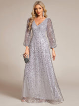 ever RAYVEN|Shimmering All Over V-Neck Long Lantern Sleeve Sequin A-Line Evening Dress