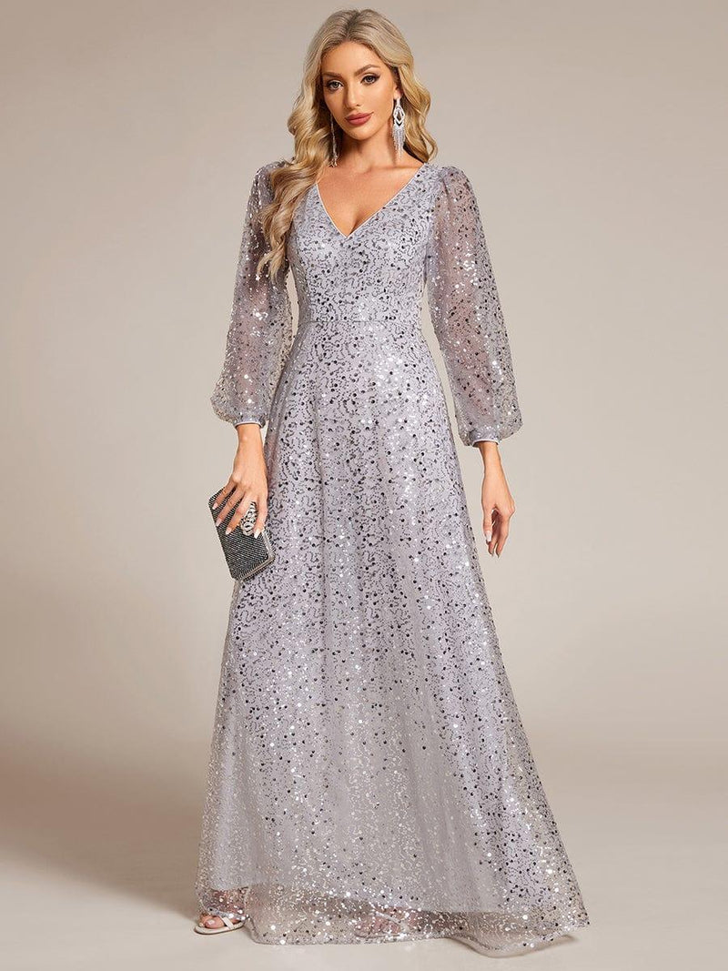ever RAYVEN|Shimmering All Over V-Neck Long Lantern Sleeve Sequin A-Line Evening Dress