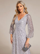 ever RAYVEN|Shimmering All Over V-Neck Long Lantern Sleeve Sequin A-Line Evening Dress