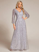 ever RAYVEN|Shimmering All Over V-Neck Long Lantern Sleeve Sequin A-Line Evening Dress
