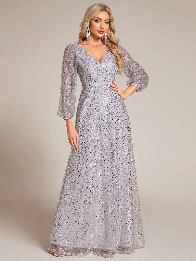 ever RAYVEN|Shimmering All Over V-Neck Long Lantern Sleeve Sequin A-Line Evening Dress
