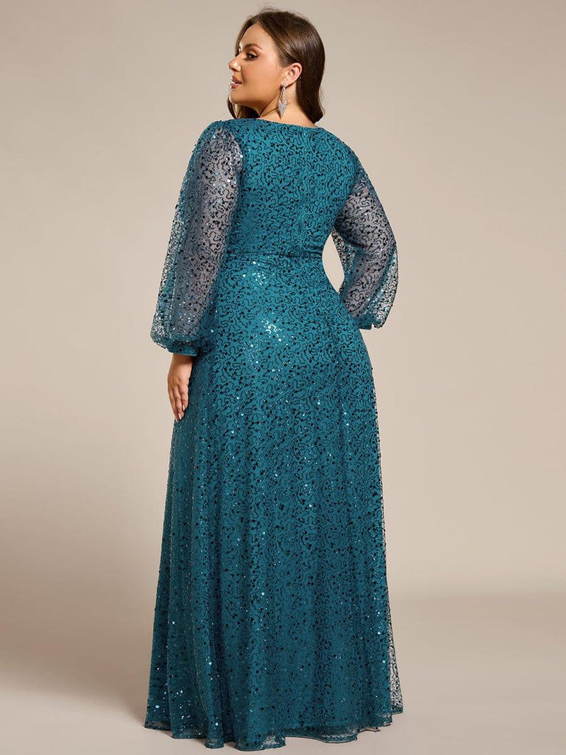 ever RAYVEN|Shimmering All Over V-Neck Long Lantern Sleeve Sequin A-Line Evening Dress