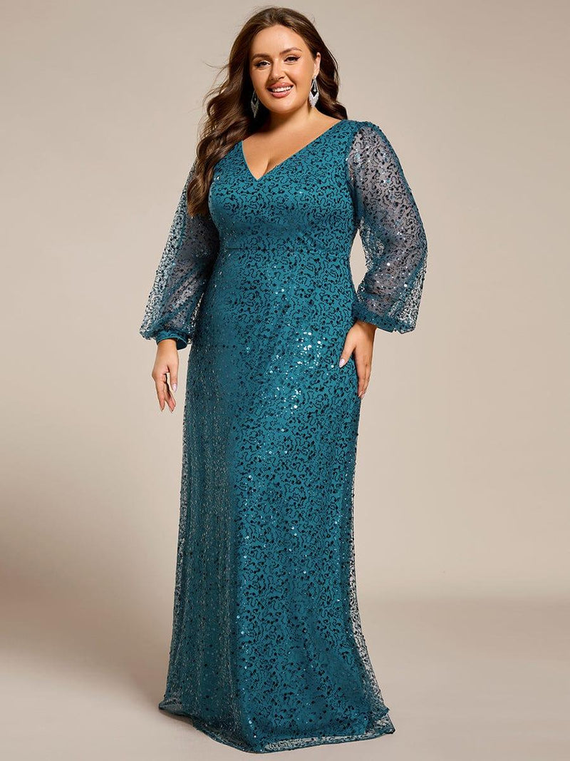 ever RAYVEN|Shimmering All Over V-Neck Long Lantern Sleeve Sequin A-Line Evening Dress