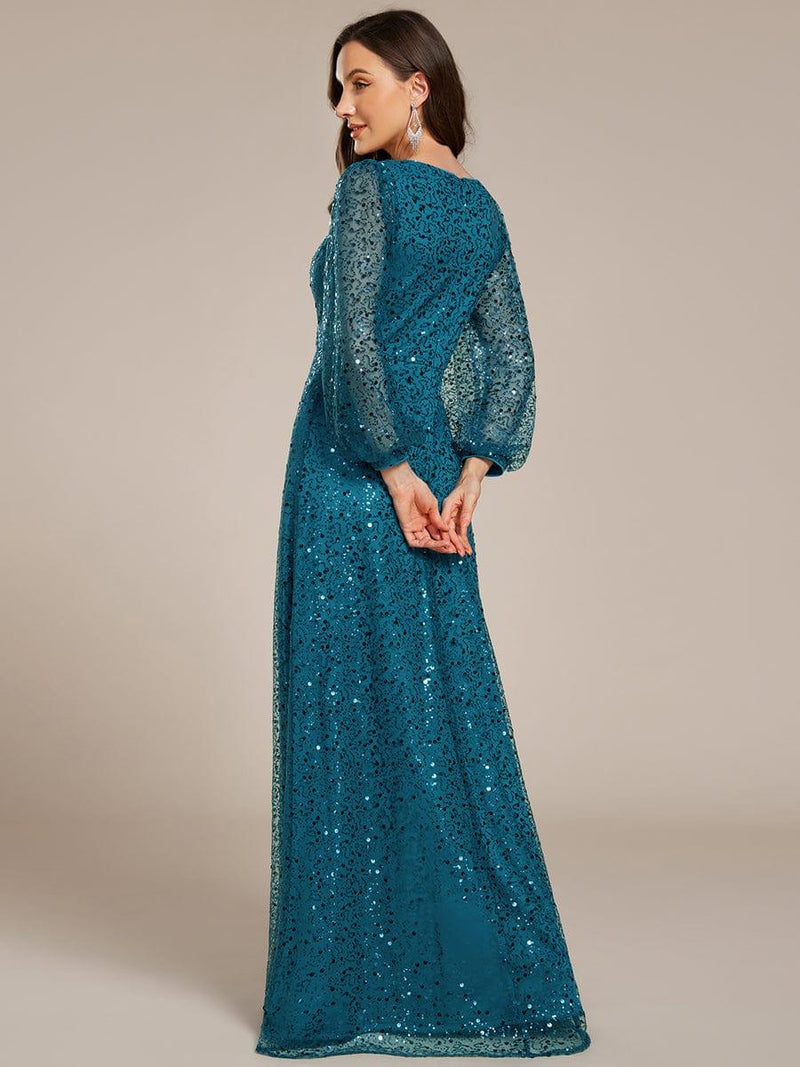 ever RAYVEN|Shimmering All Over V-Neck Long Lantern Sleeve Sequin A-Line Evening Dress
