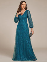 ever RAYVEN|Shimmering All Over V-Neck Long Lantern Sleeve Sequin A-Line Evening Dress