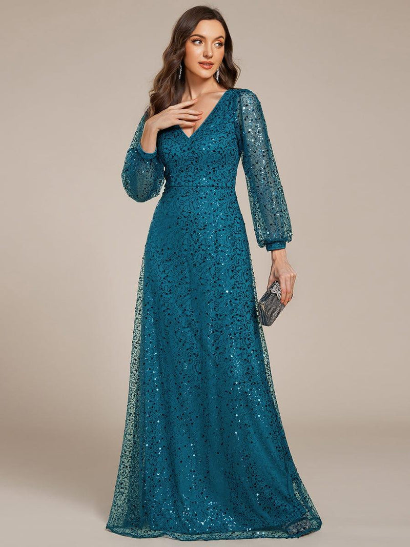 ever RAYVEN|Shimmering All Over V-Neck Long Lantern Sleeve Sequin A-Line Evening Dress