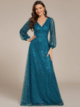 ever RAYVEN|Shimmering All Over V-Neck Long Lantern Sleeve Sequin A-Line Evening Dress
