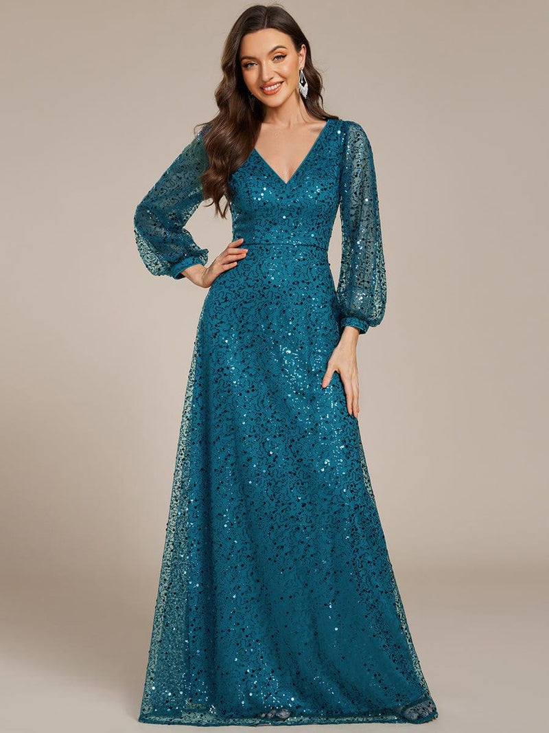 ever RAYVEN|Shimmering All Over V-Neck Long Lantern Sleeve Sequin A-Line Evening Dress
