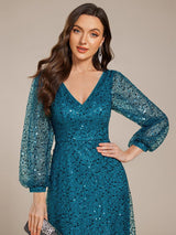 ever RAYVEN|Shimmering All Over V-Neck Long Lantern Sleeve Sequin A-Line Evening Dress