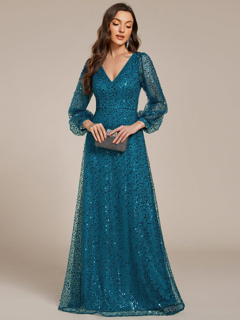 ever RAYVEN|Shimmering All Over V-Neck Long Lantern Sleeve Sequin A-Line Evening Dress