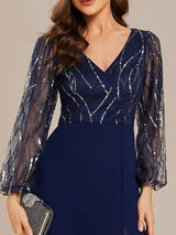 ever JENNI|Sequin See-through Long Sleeves High Slit Chiffon A-Line Evening Dress