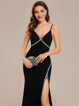 Simple Spaghetti Straps High Slit Bodycon Evening Dress with Rhinestone