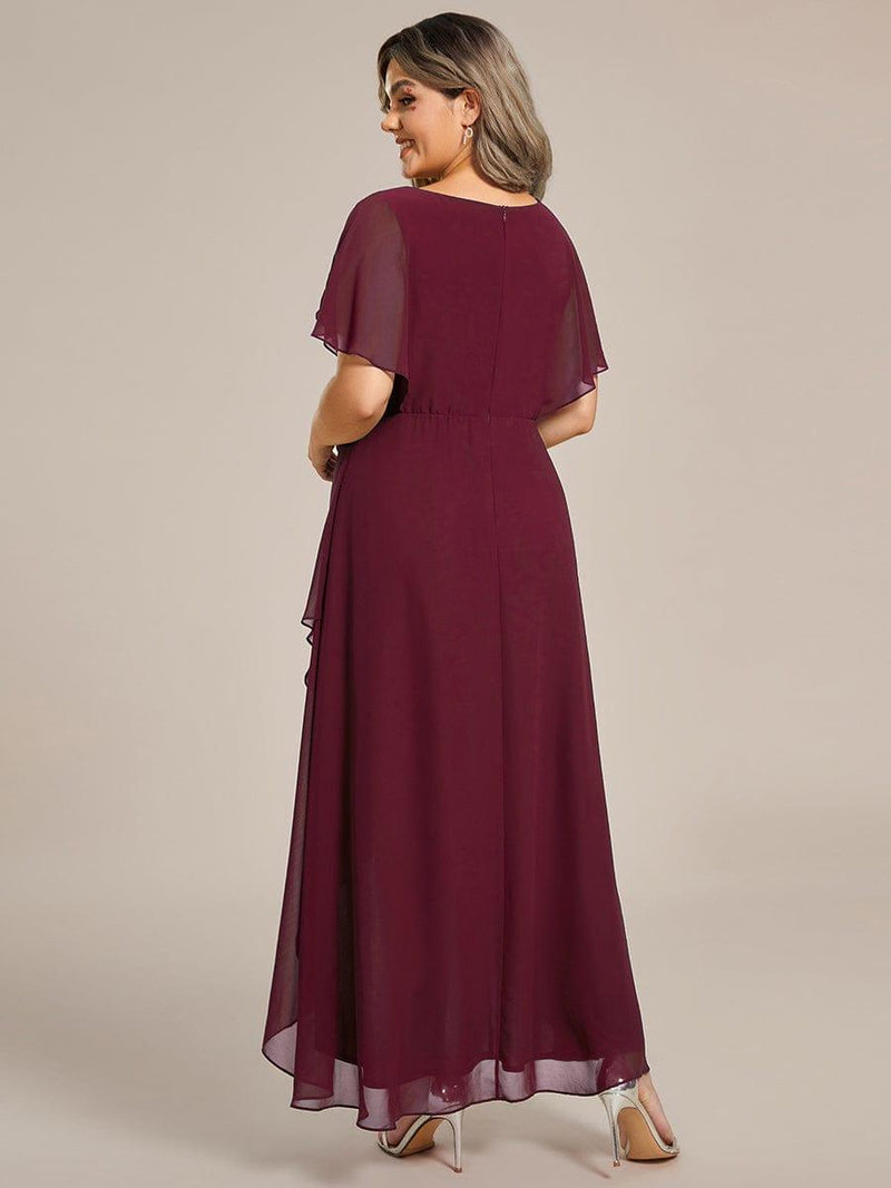 ever LILAS|Elegant Short Sleeves A-Line Waist Applique Formal Dress with Lotus Leaf Hem