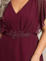ever LILAS|Elegant Short Sleeves A-Line Waist Applique Formal Dress with Lotus Leaf Hem