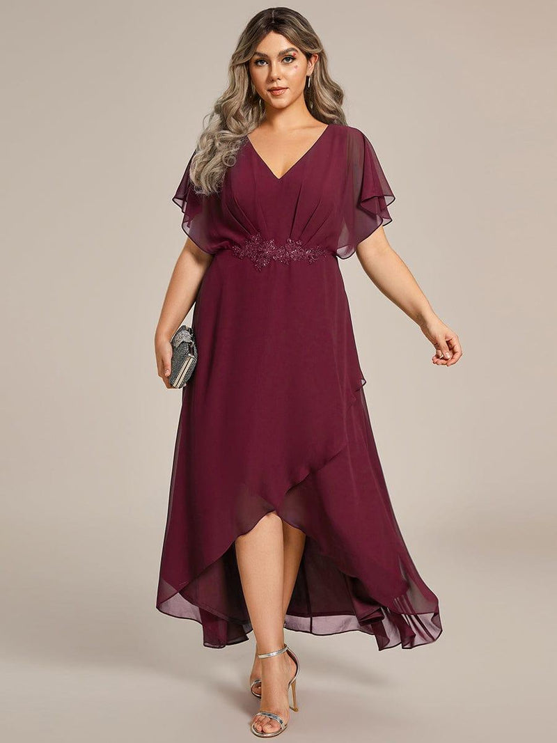 ever LILAS|Elegant Short Sleeves A-Line Waist Applique Formal Dress with Lotus Leaf Hem