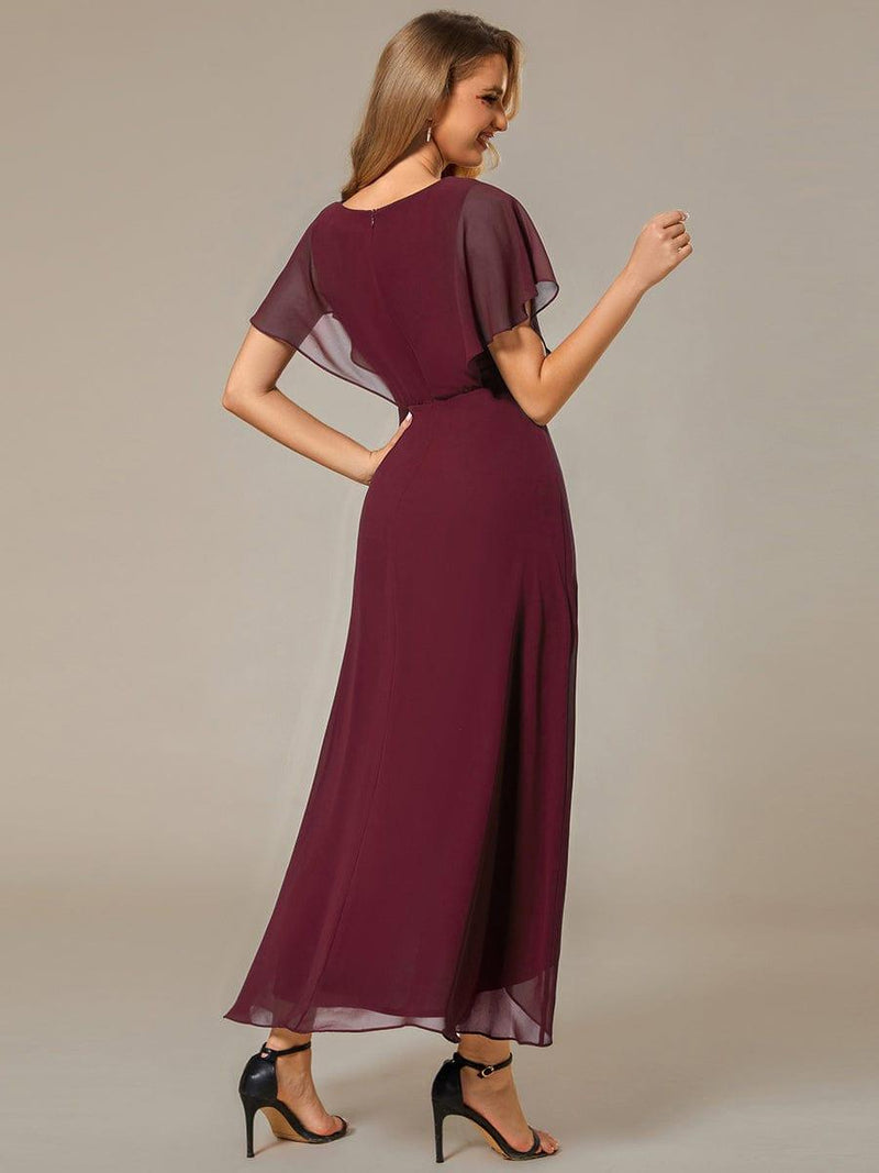 ever LILAS|Elegant Short Sleeves A-Line Waist Applique Formal Dress with Lotus Leaf Hem