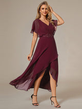 ever LILAS|Elegant Short Sleeves A-Line Waist Applique Formal Dress with Lotus Leaf Hem
