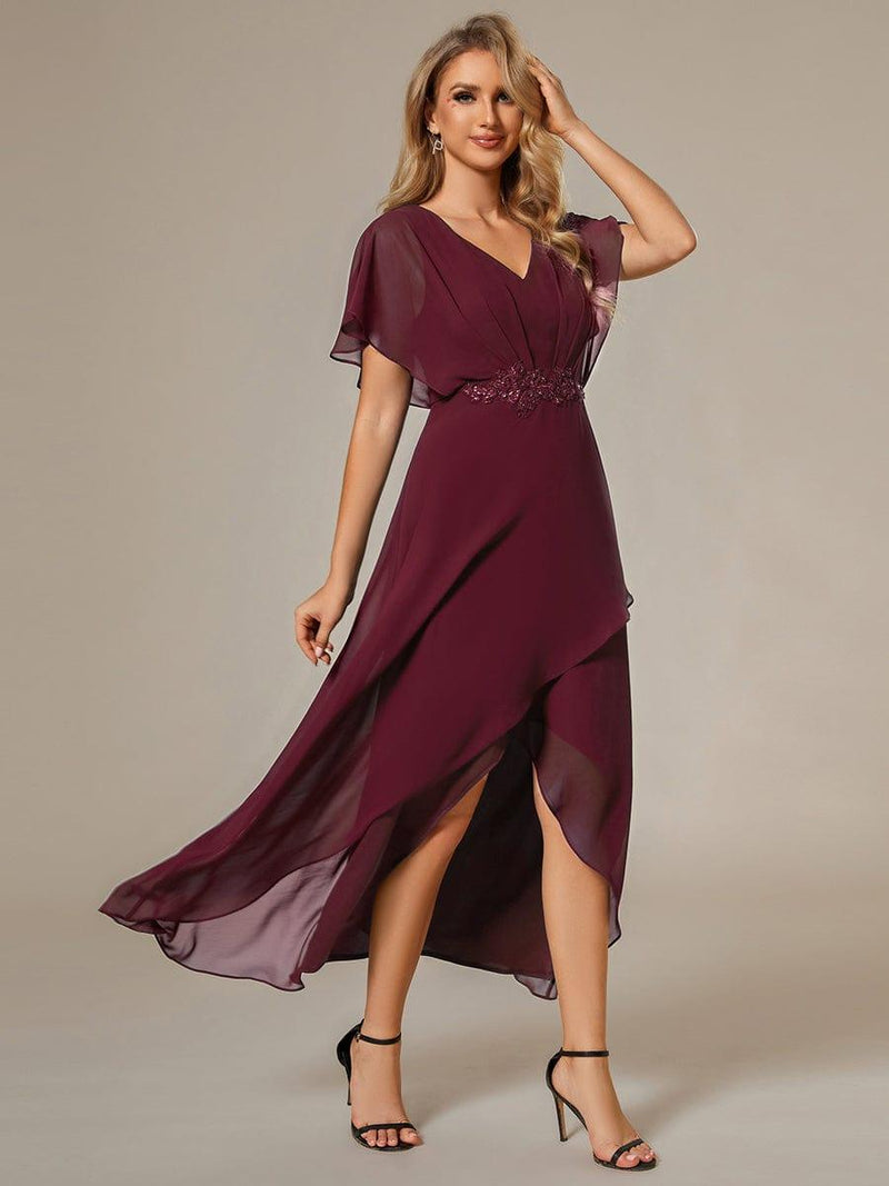 ever LILAS|Elegant Short Sleeves A-Line Waist Applique Formal Dress with Lotus Leaf Hem