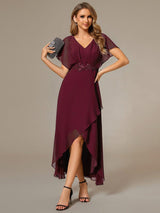 ever LILAS|Elegant Short Sleeves A-Line Waist Applique Formal Dress with Lotus Leaf Hem