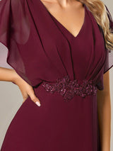 ever LILAS|Elegant Short Sleeves A-Line Waist Applique Formal Dress with Lotus Leaf Hem