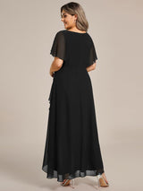 ever LILAS|Elegant Short Sleeves A-Line Waist Applique Formal Dress with Lotus Leaf Hem
