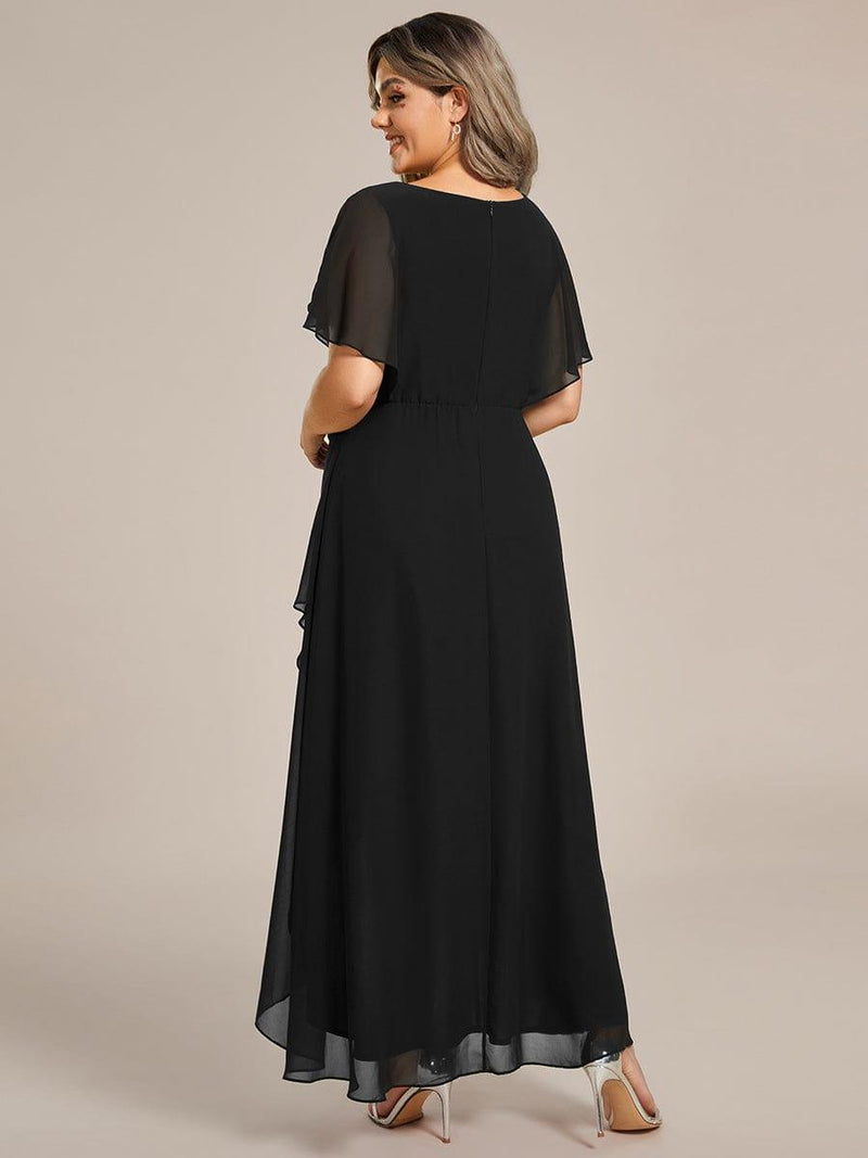 ever LILAS|Elegant Short Sleeves A-Line Waist Applique Formal Dress with Lotus Leaf Hem