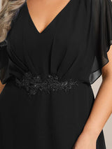 ever LILAS|Elegant Short Sleeves A-Line Waist Applique Formal Dress with Lotus Leaf Hem