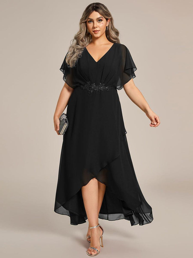ever LILAS|Elegant Short Sleeves A-Line Waist Applique Formal Dress with Lotus Leaf Hem