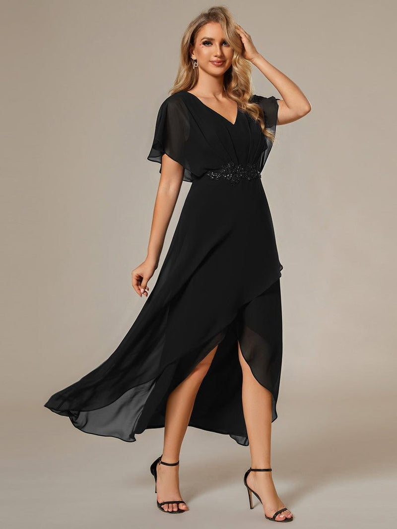 ever LILAS|Elegant Short Sleeves A-Line Waist Applique Formal Dress with Lotus Leaf Hem