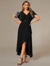 ever LILAS|Elegant Short Sleeves A-Line Waist Applique Formal Dress with Lotus Leaf Hem