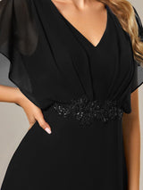 ever LILAS|Elegant Short Sleeves A-Line Waist Applique Formal Dress with Lotus Leaf Hem