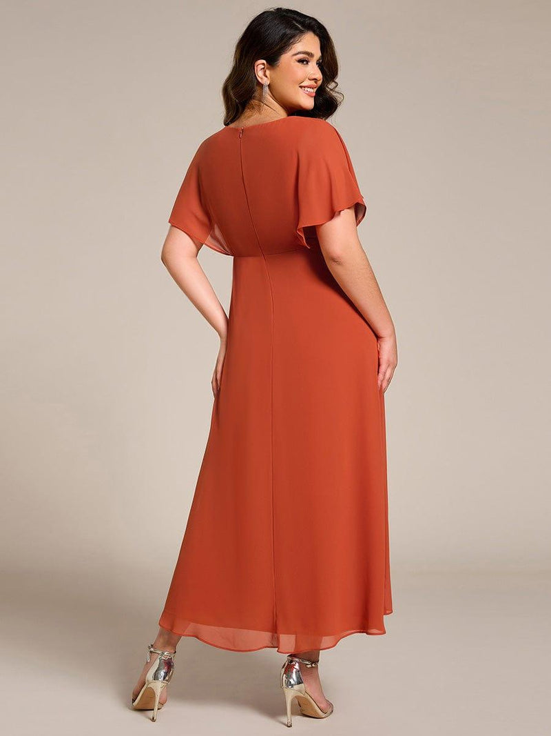 ever LILAS|Elegant Short Sleeves A-Line Waist Applique Formal Dress with Lotus Leaf Hem