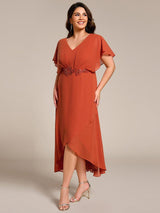 ever LILAS|Elegant Short Sleeves A-Line Waist Applique Formal Dress with Lotus Leaf Hem