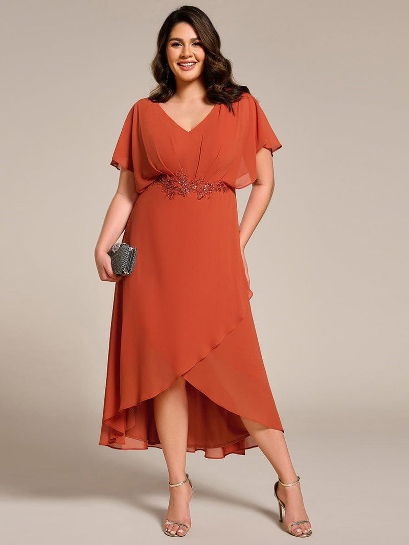 ever LILAS|Elegant Short Sleeves A-Line Waist Applique Formal Dress with Lotus Leaf Hem