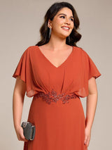 ever LILAS|Elegant Short Sleeves A-Line Waist Applique Formal Dress with Lotus Leaf Hem