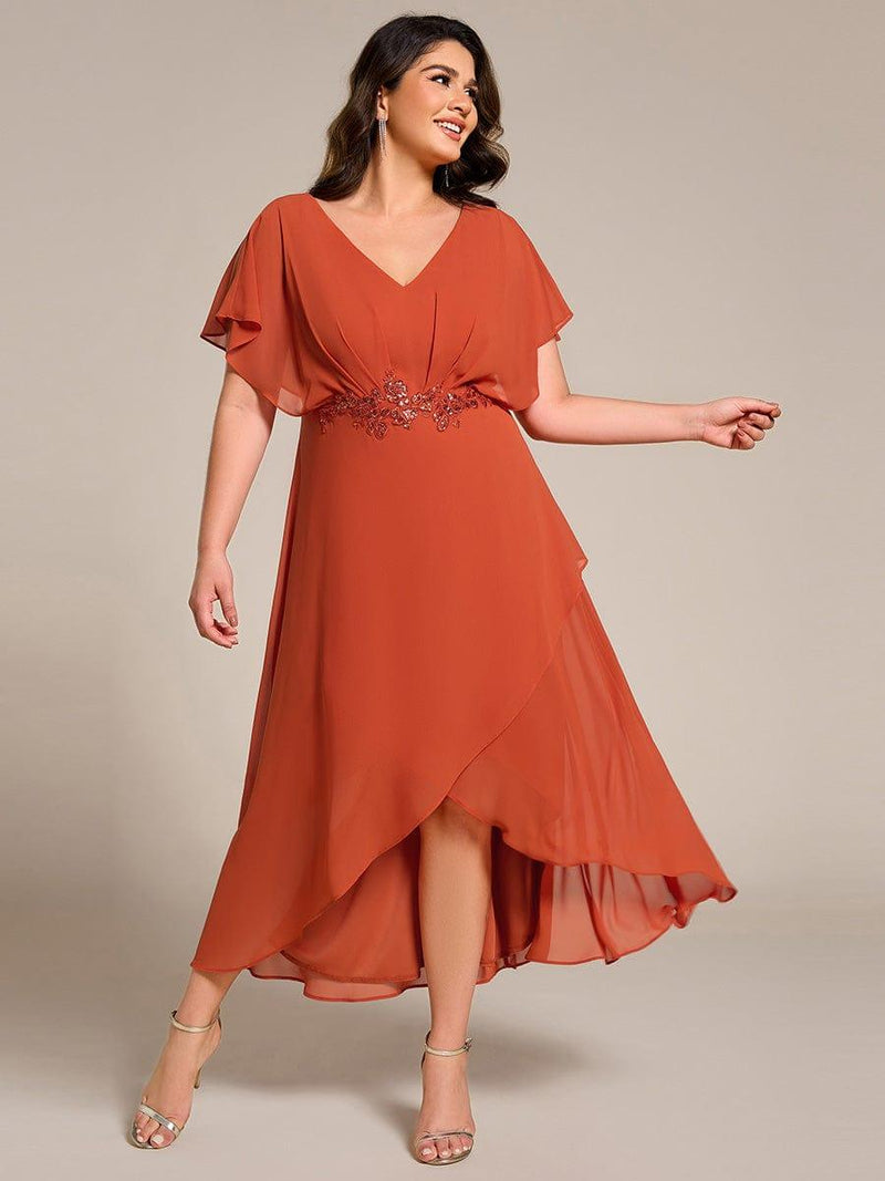 ever LILAS|Elegant Short Sleeves A-Line Waist Applique Formal Dress with Lotus Leaf Hem