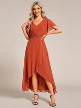 ever LILAS|Elegant Short Sleeves A-Line Waist Applique Formal Dress with Lotus Leaf Hem