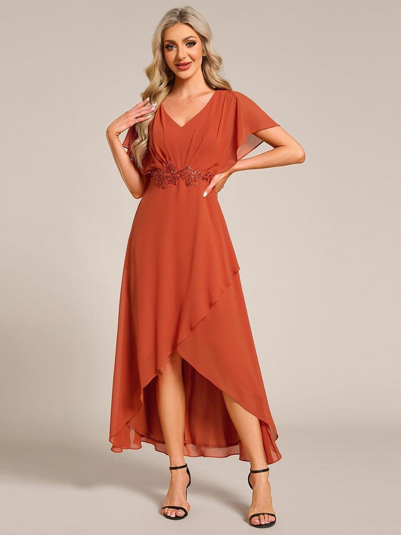 ever LILAS|Elegant Short Sleeves A-Line Waist Applique Formal Dress with Lotus Leaf Hem