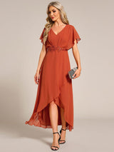 ever LILAS|Elegant Short Sleeves A-Line Waist Applique Formal Dress with Lotus Leaf Hem