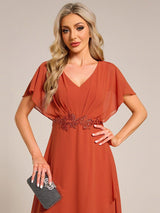 ever LILAS|Elegant Short Sleeves A-Line Waist Applique Formal Dress with Lotus Leaf Hem