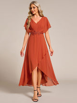 ever LILAS|Elegant Short Sleeves A-Line Waist Applique Formal Dress with Lotus Leaf Hem