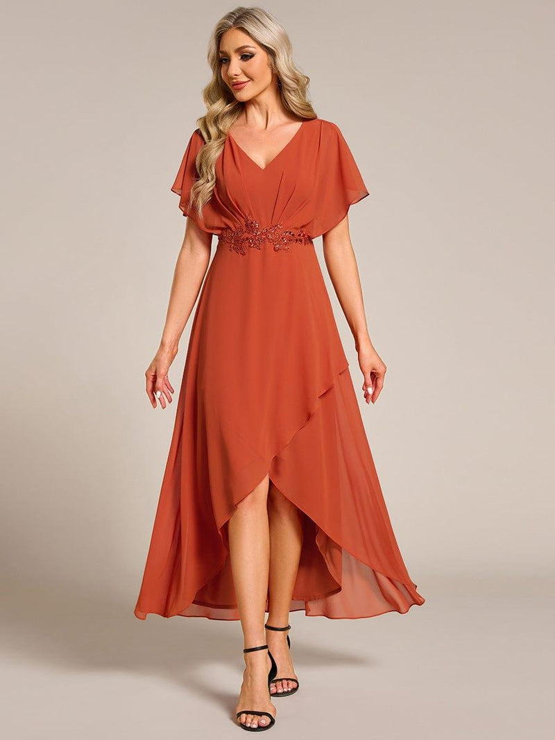 ever LILAS|Elegant Short Sleeves A-Line Waist Applique Formal Dress with Lotus Leaf Hem