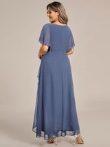 ever LILAS|Elegant Short Sleeves A-Line Waist Applique Formal Dress with Lotus Leaf Hem